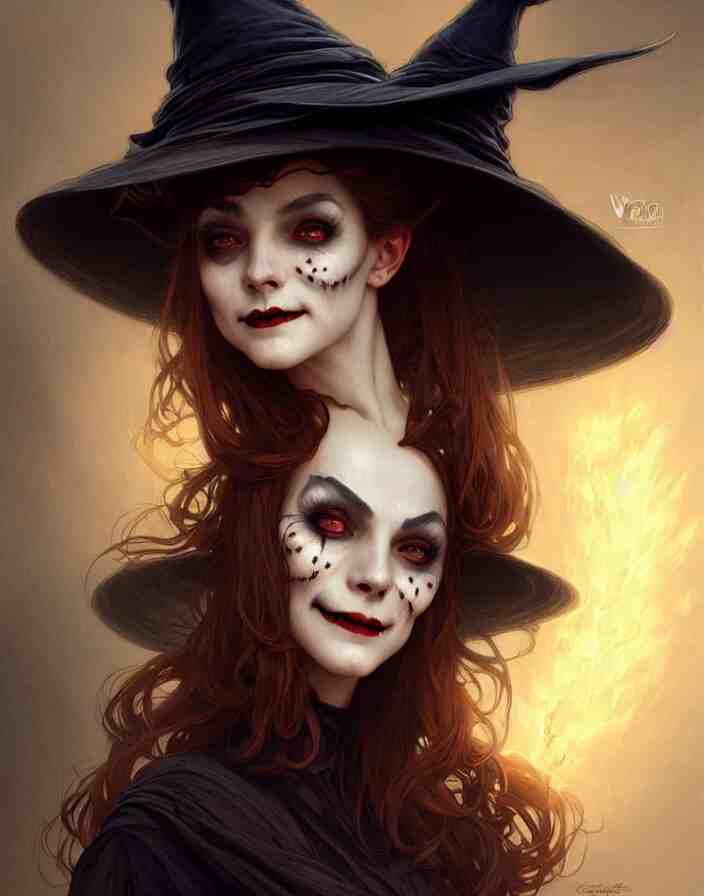 halloween witch woman in a hat smiles, fantasy magic, undercut hairstyle, dark light night, intricate, elegant, sharp focus, illustration, highly detailed, digital painting, concept art, matte, art by wlop and artgerm and greg rutkowski and alphonse mucha, masterpiece 