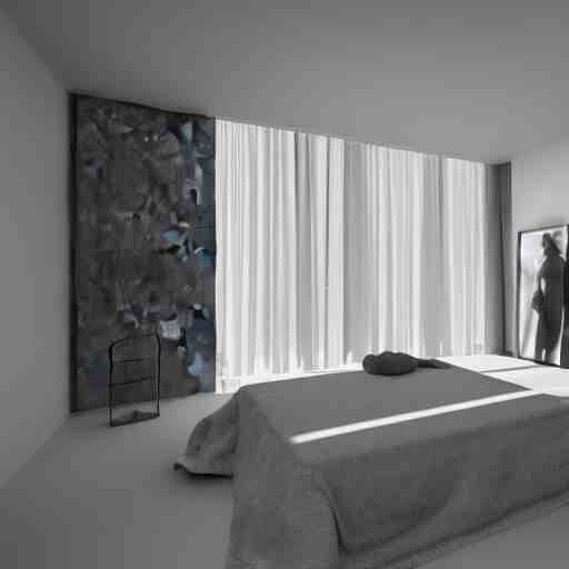 symmetry, parallax mapping of brutalist bedroom, minimalist architecture, minimalist furniture, octane render, high quality 