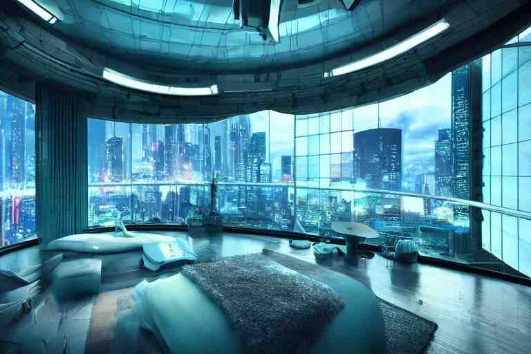 a futuristic bedroom with large curved ceiling high windows looking out to a far future cyberpunk cityscape, cyberpunk neon lights, raining, scifi