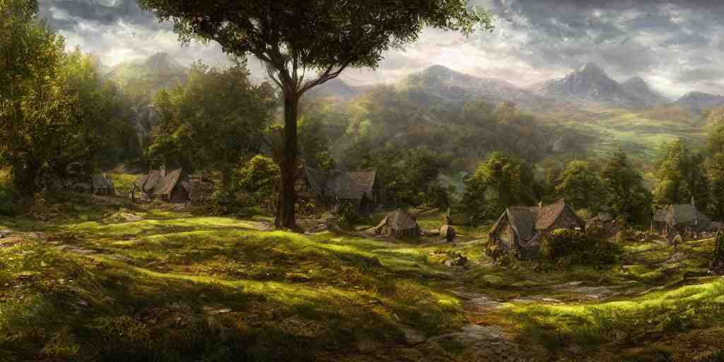 the shire, beautiful scenic landscape, lord of the rings, highly detailed professional digital painting, artstation 