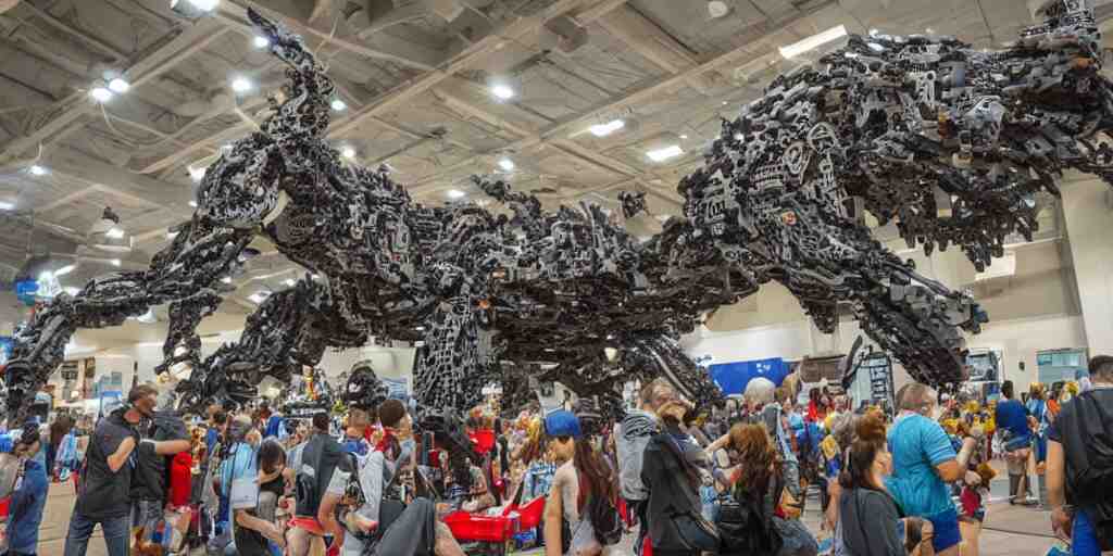 wide shot lens photo of a very intricately detailed and epically shaped 3. 5 meter long tifa lockhart lego sculpture designed by a master builder as displayed at a lego convention, low angle shot. 