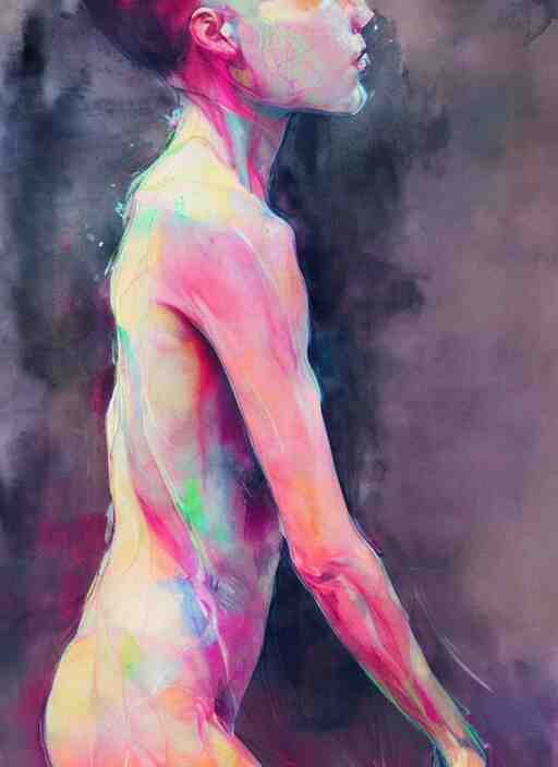 gorgeous woman in short by agnes cecile, view from back, bent - over posture, half body portrait, extremely luminous bright design, pastel colours, ink drips, autumn lights 