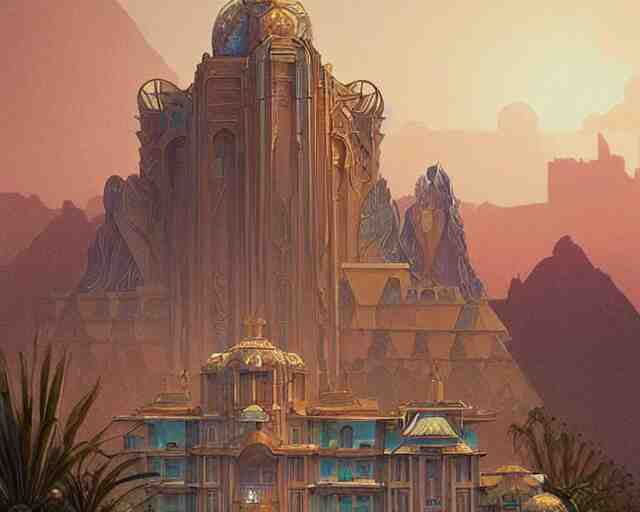 art deco palace in the desert, fantasy, intricate, elegant, highly detailed, digital painting, artstation, concept art, matte, sharp, illustration, hearthstone, art by artgerm and greg rutkowski and alphonse mucha 