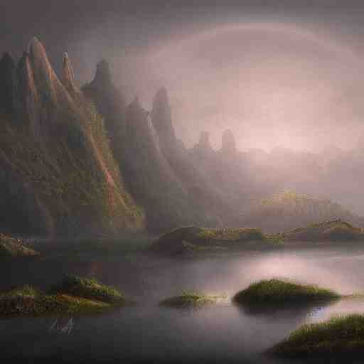 an ultra detailed painting of a mysterious misty lagoon at night, far away behind it is a cliff with a dark castle on top of it with a few windows lit, dark forests surrounding, twilight, highly detailed, fantasy, realistic 