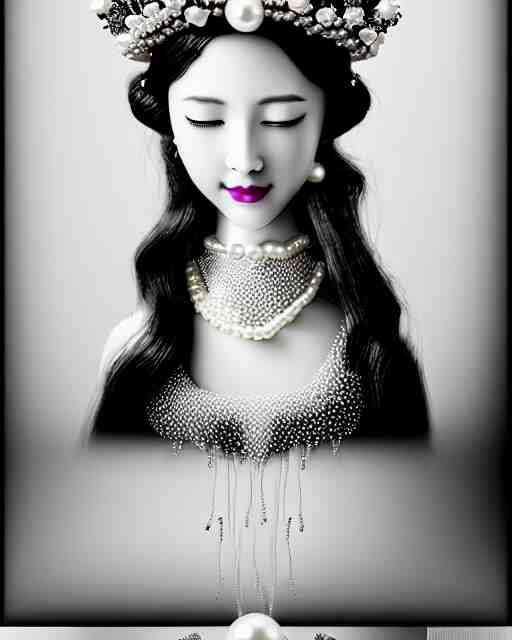 black and white dreamy young beautiful crowned female artificial intelligence, crown is full of flowers and pearls, realistic pearl ornament in the face, long hair are intricate with highly detailed realistic pearls, cinematic, rim light, bokeh, photo - realistic, elegant, high detail, 8 k, masterpiece, photo taken in 1 9 3 0 