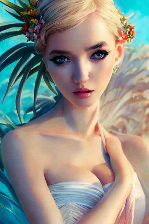 a beautiful fashion goddness of love, chic strapless dress, tropical sea background, character design, in the style of artgerm, and wlop, cinematic lighting, hyperdetailed, 8 k realistic, symmetrical, global illumination, radiant light, frostbite 3 engine, cryengine, dof, trending on artstation, digital art 