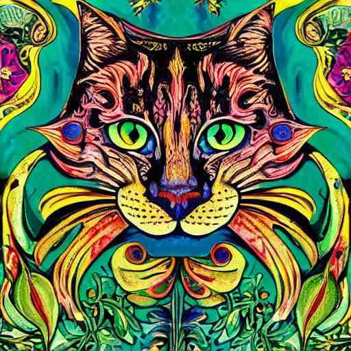 colourful ornate decorative green man as a cat face by louis wain and william morris, closeup, twisting leaves, abstract psychedelic, 8 k, artstation 