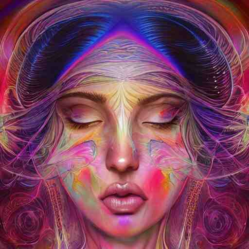 a psychedelic chakra awakening kundalini ethereal portrait of kim petras with her eyes closed transcending to a higher plane of existence, eternal blessing, multiverse, by android jones, by ben ridgeway, by ross draws, by noah bradley, by maciej kuciara, visionary art, oil painting, artgerm, featured on artstation, cgsociety, greg rutkowski 