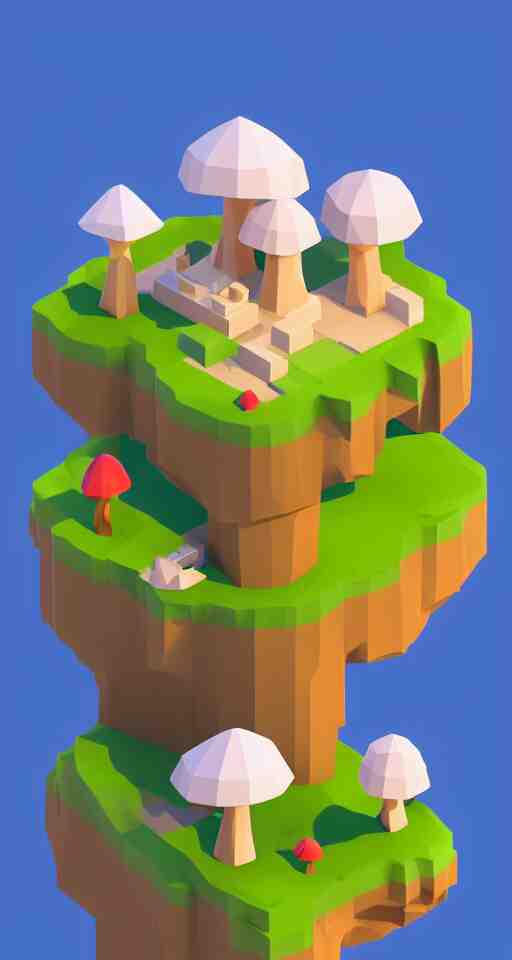 a cute little matte low poly isometric mushroom island, lat lighting, soft shadows, trending on artstation, 3d render, monument valley, fez video game,