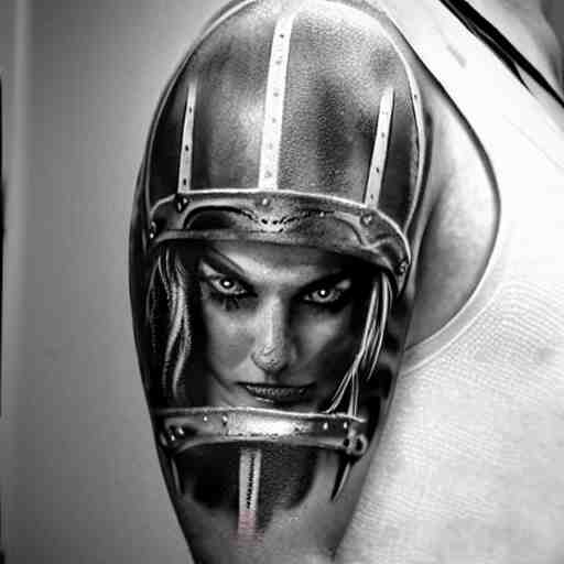 an up close gladiator with shield and sword, tattoo, tattoo art, Black and grey tattoo style,