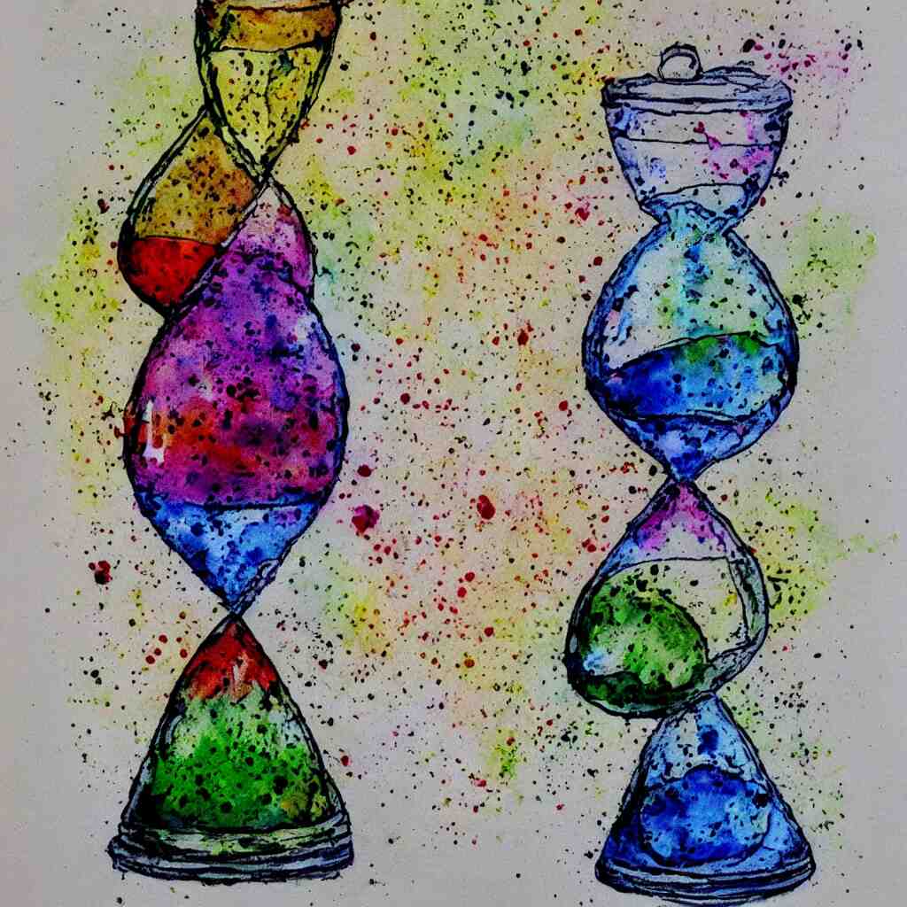 Splatter watercolor drawing of the hourglass of time