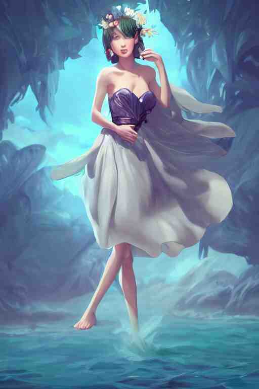 a beautiful fashion goddness of love, chic strapless dress, tropical sea background, character design, in the style of artgerm, and wlop, cinematic lighting, hyperdetailed, 8 k realistic, symmetrical, global illumination, radiant light, frostbite 3 engine, cryengine, dof, trending on artstation, digital art 