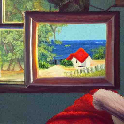 A painting of a cozy cottage with a view of the beach