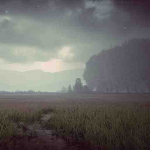 landscape field, hyperrealistic, cinematic, unreal engine 5, rain 