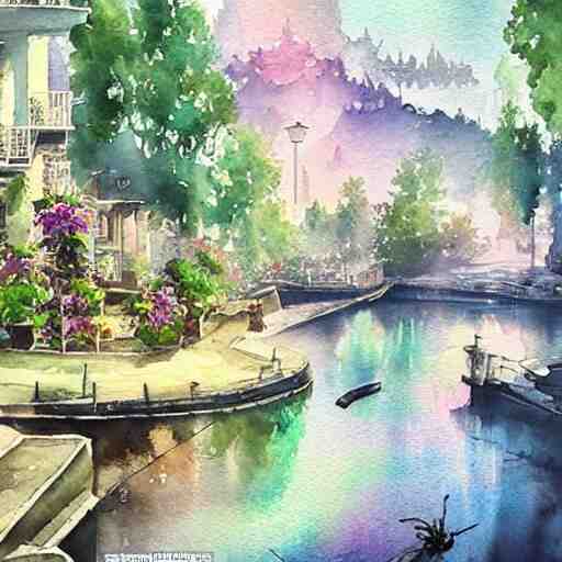 Beautiful happy picturesque charming sci-fi town in harmony with nature. Beautiful light. Water and plants. Nice colour scheme, soft warm colour. Beautiful detailed artistic watercolor by Vincent Bons. (2022)