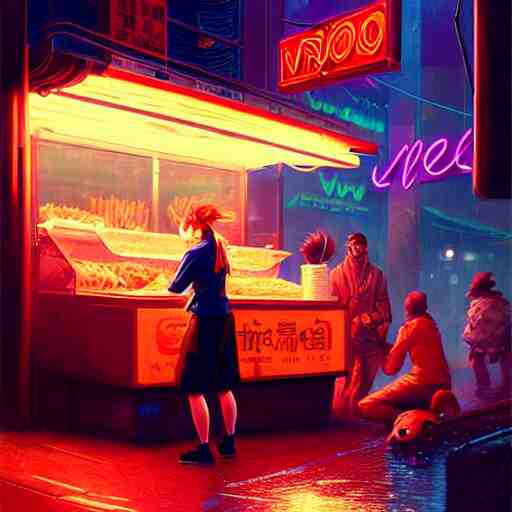 splash art of anthropomorphic female vulpes vulpes fulva woman sitting at a noodle stand eating noodles in the crowded street of a cyberpunk city, rain, harsh neon lighting, realistic, ultra detailed, by greg rutkowski, wlop, sakimichan, artgerm 