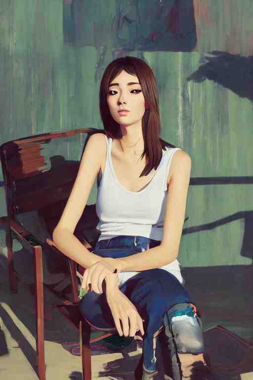 A ultradetailed beautiful panting of a stylish woman looking at the camera, she is wearing streetwear, she is sitting on a chair, bright sunny day, Oil painting, by Ilya Kuvshinov, Greg Rutkowski and Makoto Shinkai