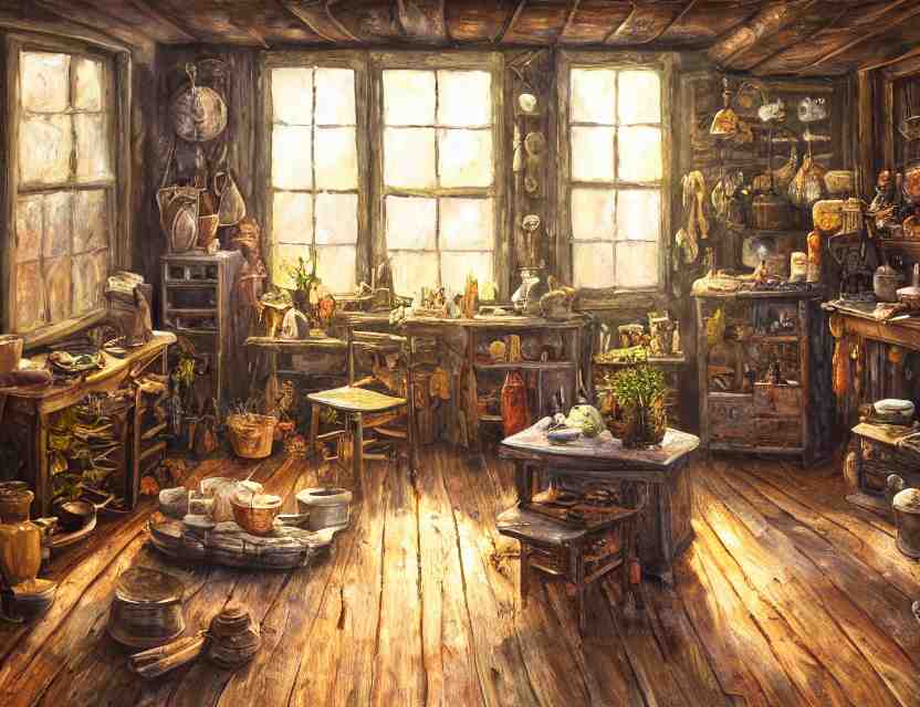 expressive rustic oil painting, interior view of a cluttered herbalist cottage, waxy candles, cabinets, wood furnishings, herbs hanging, wood chair, light bloom, dust, ambient occlusion, morning, rays of light coming through windows, dim lighting, brush strokes oil painting