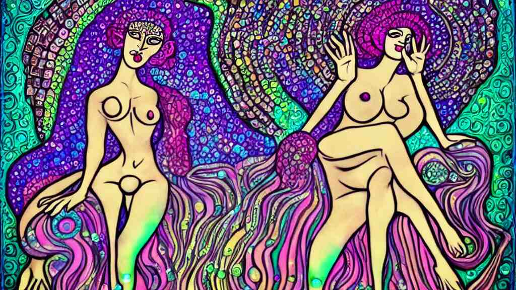 mushroom goddess, dripping crystals, full body dynamic pose, attractive form, psychedelic dmt deity, picasso, pin up girl, visionary art, fully colored and rendered 