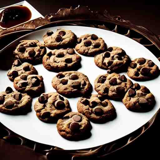 opulent banquet of plates of freshly baked chocolate chip cookies, delicious, glistening, chocolate sauce, marshmallows, highly detailed, food photography, art by rembrandt 