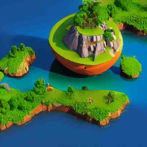 a floating island on an aquatic environment isometric art, south america landscape, low poly art, game art, artstation, 3D render, high detail, cgsociety, octane render