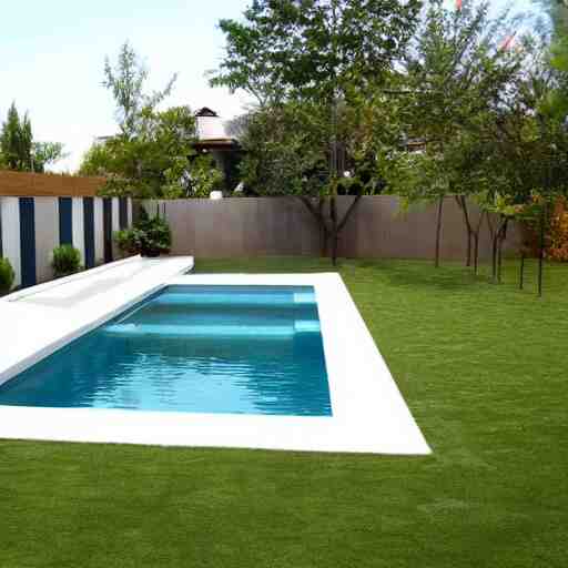 luxury small backyard walls at the sides, modern hut at the back all white, no plants, no grass, brown floor, small pool 