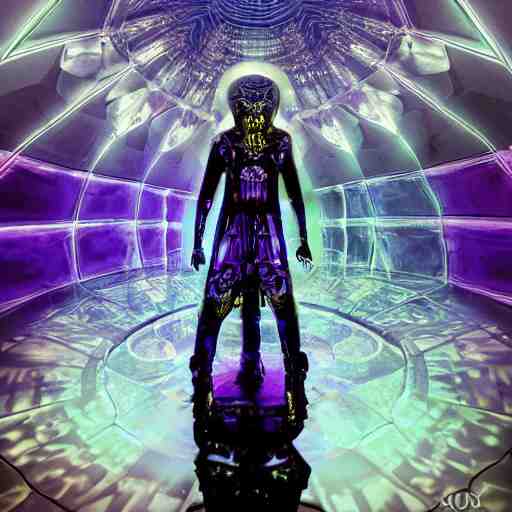 A space wizard stand in front of giant, glowing crystal sits in the center of a dark room, Strange symbols line the walls, and a soft light glows from somewhere deep within the room, highly detailed, digital photo, HDRI, by christopher bretz and kael ngu, vivid colors, high contrast, 8k resolution, intricate, photorealistic, smooth, psychedelic color scheme, concept art, award winning, cg society contest winner