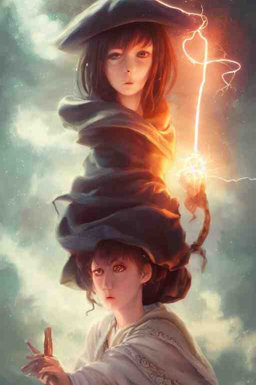 a cute wizard girl conjuring a lightening ball, character art portrait, anime key visual, official media, illustrated by tom bagshaw, wlop, kentaro miura, extremely detailed, 8 k, trending on artstation, cinematic lighting, beautiful 