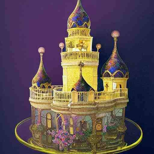 miniature tabletop castle under an ornate glass dome, by paulette tavormina and vermeer, intense pastel colors, hyper realistic, detailed, beautiful bright lighting 