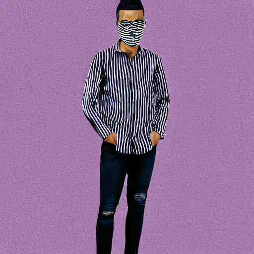 professional sketch of a full-body view of a stylish young adult man with short hair wearing a black face mask, a striped long-sleeved shirt, and ripped jeans, high quality, HD, 8K, highly detailed, award-winning, dark purple clouds