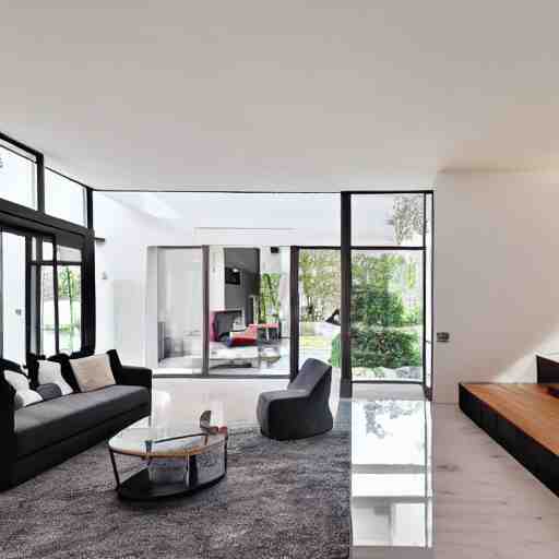 A modern living room with 2 sofas facing each other with a white marble table in the center, on the left side of the living room there is a floor to ceiling glass window that leads to the courtyard, on the right side of the living room there are wooden stairs that lead to the second floor