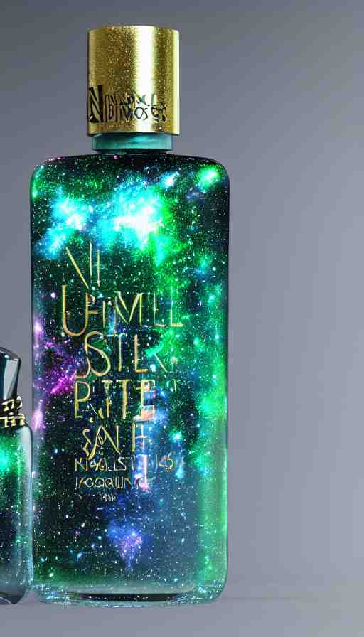 a beautiful bottle of nail polish filled with forest green small galaxy's and nebulas and blue sparkles, insane, intricate, highly detailed, Zeiss Lens, smooth, sharp focus, Unreal Engine 5, Octane Render, Redshift, 8K