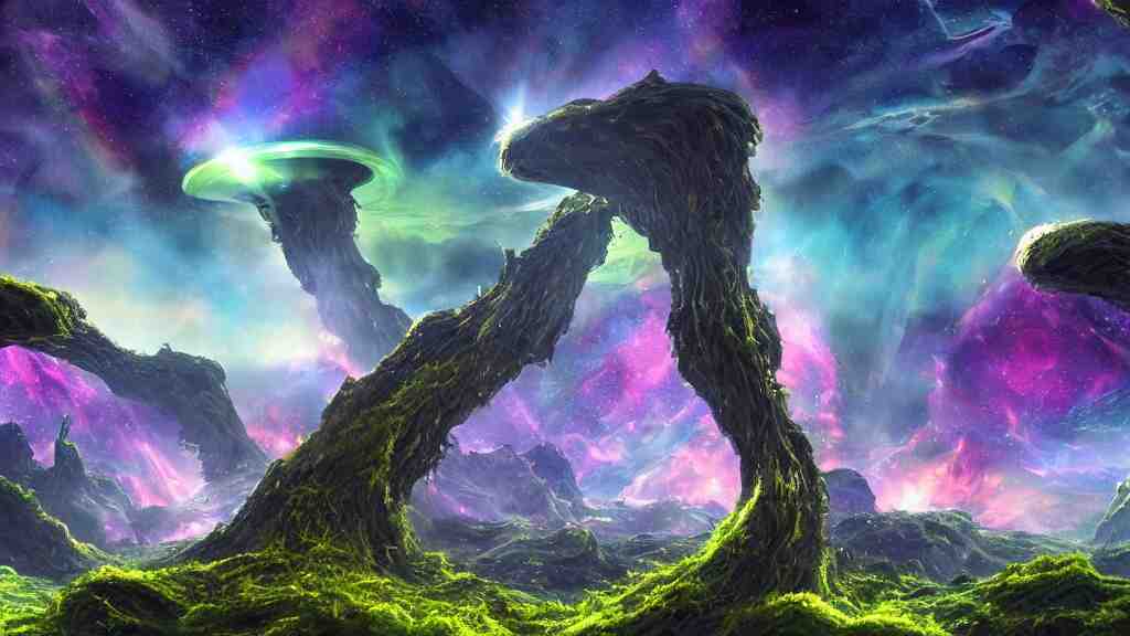 an alien landscape view, alien sky, star in the sky, alien waterfall, alien grass, weird alien trees, alien mountains, epic composition, colorful, 4 k, detailed, realistic 