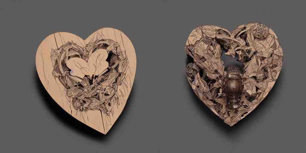 wooden heart design, character sheet, 3d render, Greg Rutkowski, Zabrocki, Karlkka, Jayison Devadas, Phuoc Quan, trending on Artstation, 8K, ultra wide angle, zenith view, pincushion lens effect