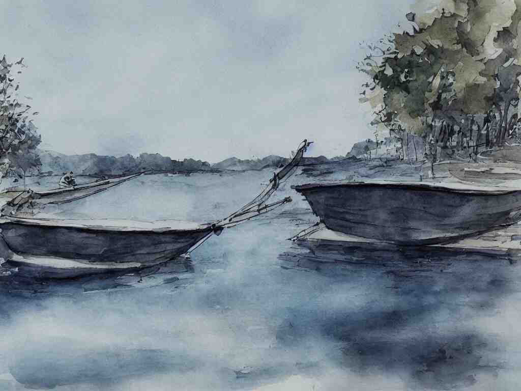 a boat is parked on the lake, there is only one person on the boat fishing, cinematic landscape ， natural light, ink painting 