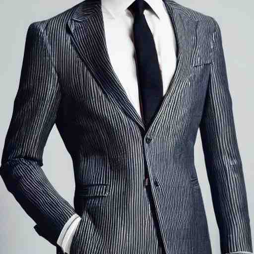 A ferret wearing a pinstripe Valentino suit, featuring notched lapels, a button fastening, a broad welt chest pocket, flap pockets, long sleeves and button cuffs.