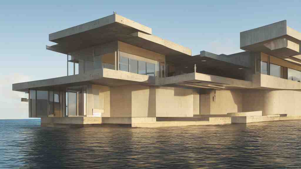 modern concrete house built in the ocean, futuristic accents, golden hour, 4 k, built by frank lloyd wright, concept art 