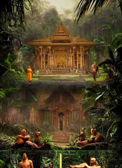 8 k concept art from a hindu temple lost in the jungle by david mattingly and samuel araya and michael whelan and dave mckean and richard corben. realistic matte painting with photorealistic hdr volumetric lighting. composition and layout inspired by gregory crewdson. 