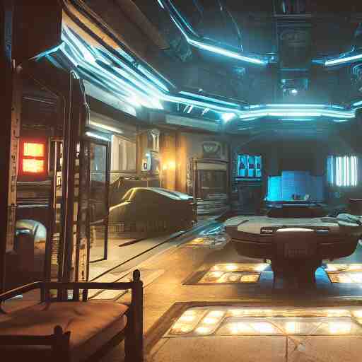 A photograph of interior of cyberpunk mansion set in a cyberpunk utopia. Highly detailed, 8k wallpaper, HDR, concept art, unreal engine 5, 4k, 8k, ray tracing, bloom, lens flare