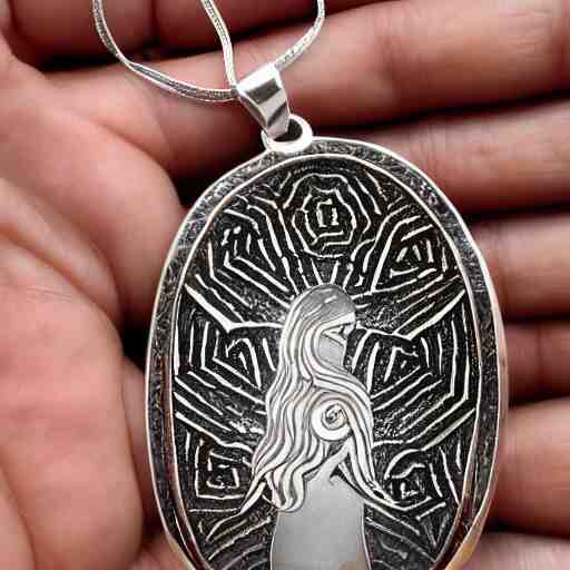 amulet of wave inlaid in silver, on a young beautiful woman neck, realistic, clean, 