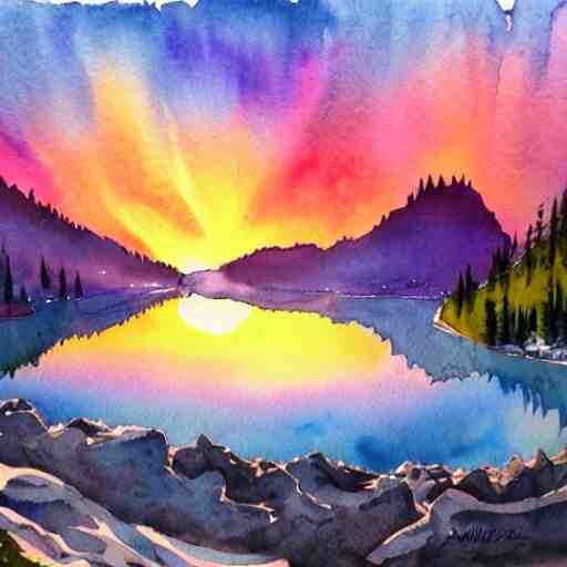 alpine lake. bautiful sunrise. watercolor. trending on artstation 
