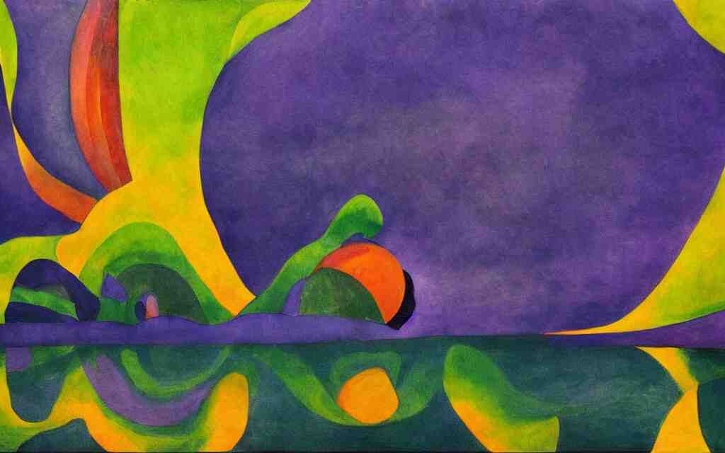 the explosion of an atomic power plant and reflection in a lake in the style of georgia o keeffe. colorful, wavy. painting. medium long shot. perspective. color palette of blue, yellow, purple, green. 