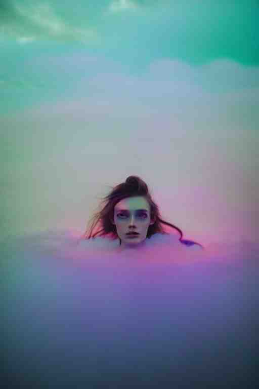 high quality pastel coloured film close up wide angle photograph of a model wearing clothing swimming on cloud furniture in a icelandic black rock!! environment in a partially haze filled dreamstate world. three point light, rainbow. photographic production. art directed. pastel colours. volumetric clouds. pastel gradient overlay. waves glitch artefacts. extreme facial clarity. 8 k. filmic. 