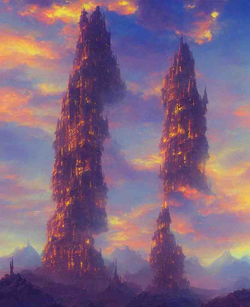 “ a landscape painting in the style of noriyoshi ohrai of a holy tower, it is a glowing fortress and has iridescent mana radiating from it into the aether. it is centered. the background is the sky at dawn. retrofuturistic fantasy ” 