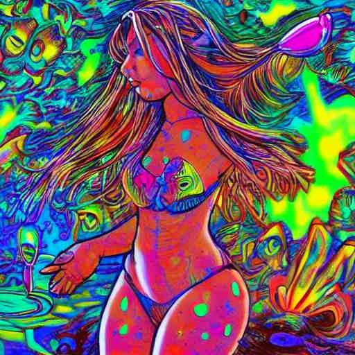 girl in bikini dancing, expressive digital art, psychedelic, lsd, by yoshitaka amano, by dan mumford, trending on artstation, 4 k 