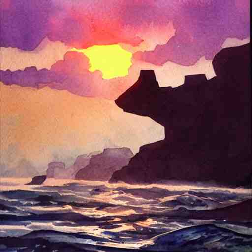 atlantide at sunrise. watercolor. trending on artstation. 