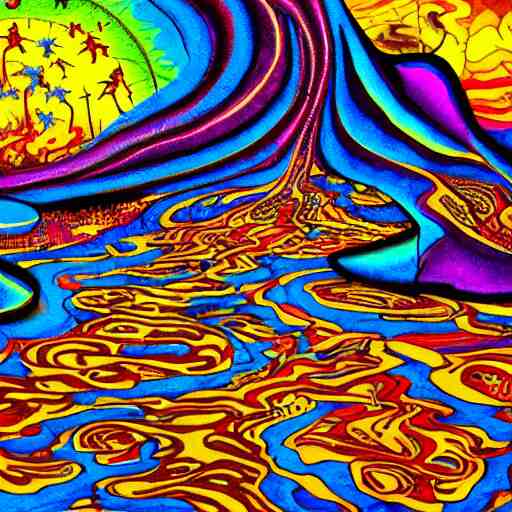 crazy psychedelic landscape full of ghosts, utopia 