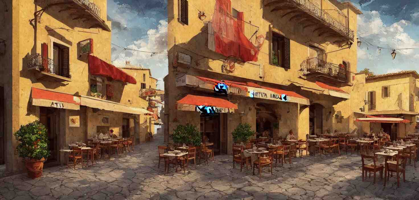 a traditional pizzeria in the street of a small village on the riviera. a terrace in the shade of a hundred - year - old olive, cinematic view, epic sky, detailed, concept art, low angle, high detail, warm lighting, volumetric, godrays, vivid, beautiful, trending on artstation, by jordan grimmer, huge scene, grass, art greg rutkowski 