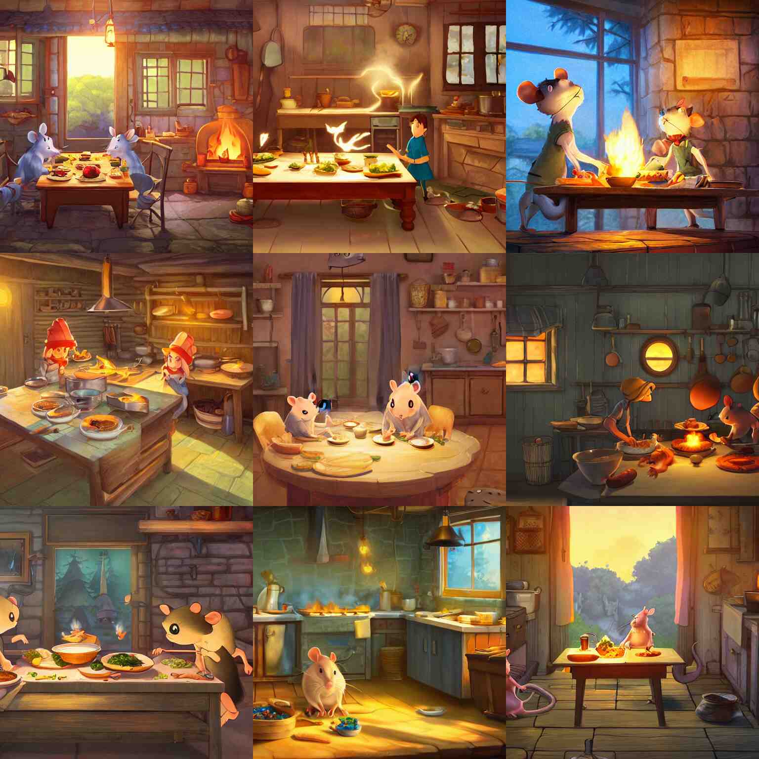 cottagecore illustration of rats cooking tasty dinner in French kitchen, studio Ghibli, Pixar and Disney animation, sharp, rendered in Unreal Engine 5, anime key art by Loish Van Baarle, dramatic, lighting, bloom, sunrise