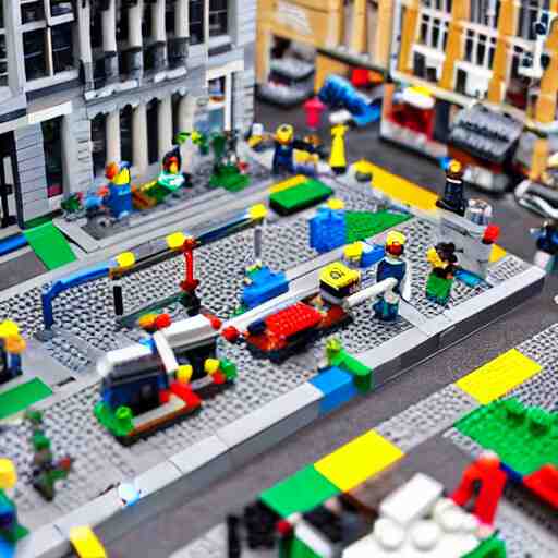 mini lego in the city, photorealistic, highly detailed, sharp focus, vivid, symmetrical, random, convoluted, mind - blowing, creative, fully functional, physics defying, amazing, cool, atmospheric 